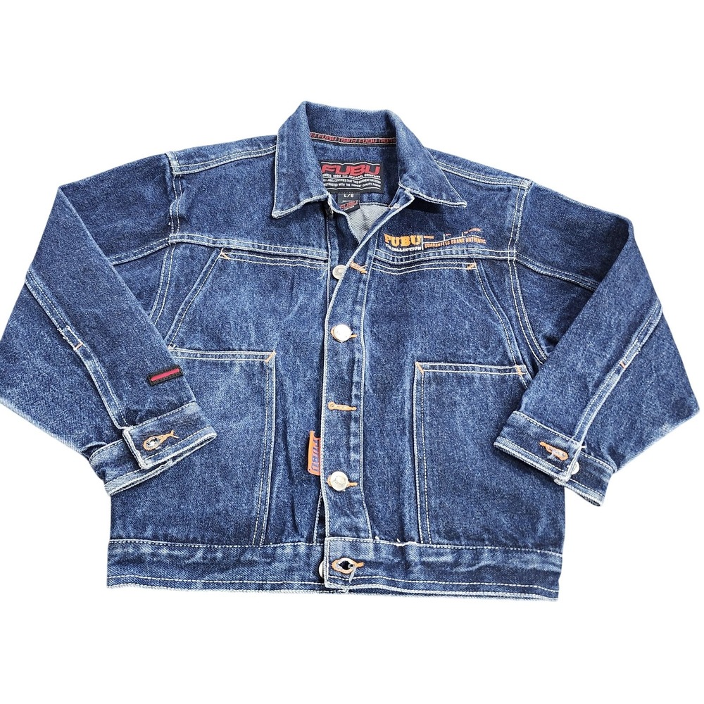 FUBU Jacket Kids 6 Blue Denim Jean Trucker Button Front Logo Back Print Casual
